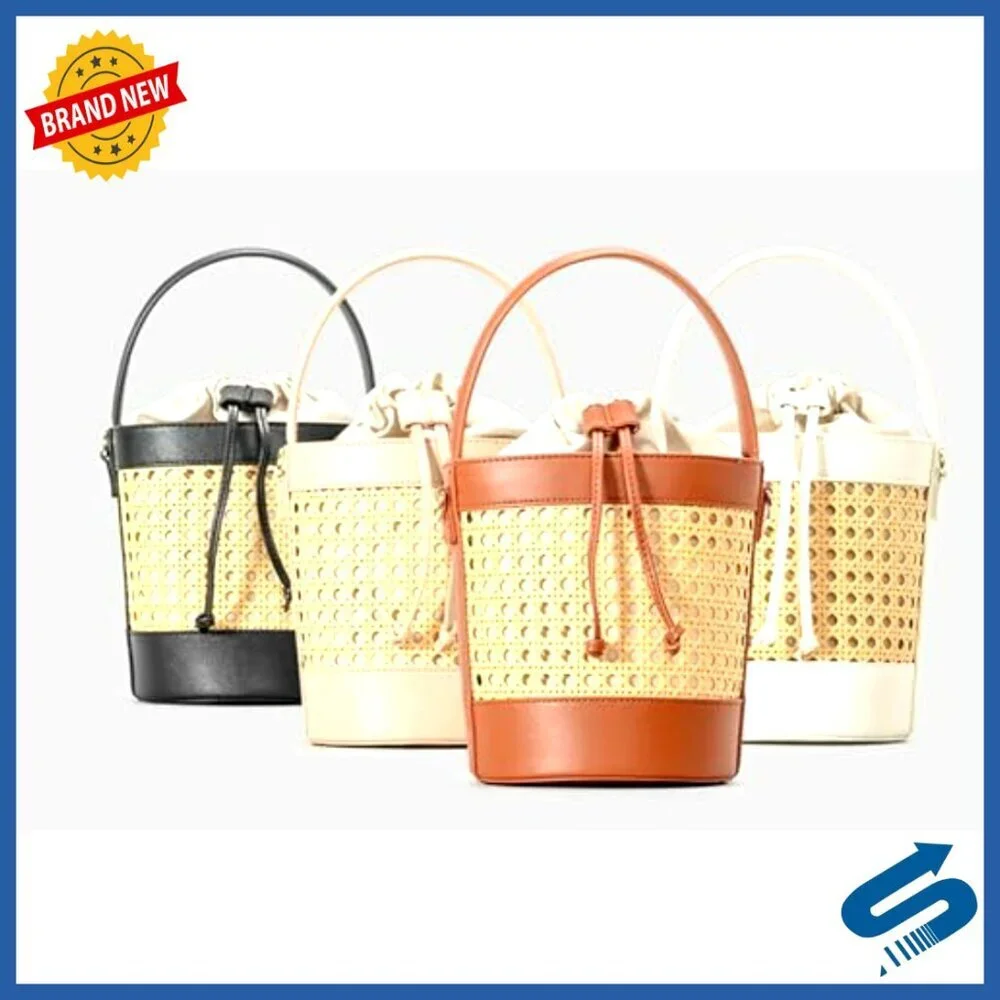 Rattan Straw Tote Bucket Bag PU Leather Summer Beach Holiday Purse